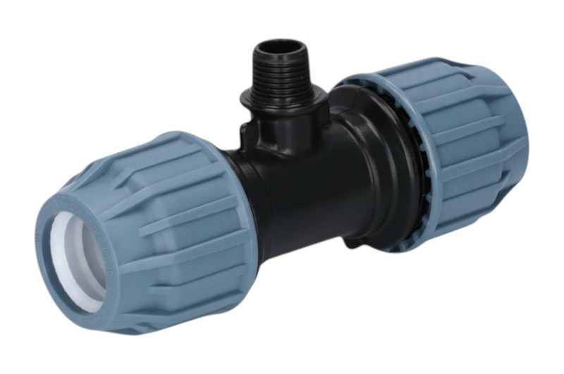PP T-Stück mit Aussengewinde - PP Klemmverbinder mit blauer Überwurfmutter