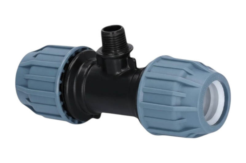 PP T-Stück mit Aussengewinde - PP Klemmverbinder mit blauer Überwurfmutter