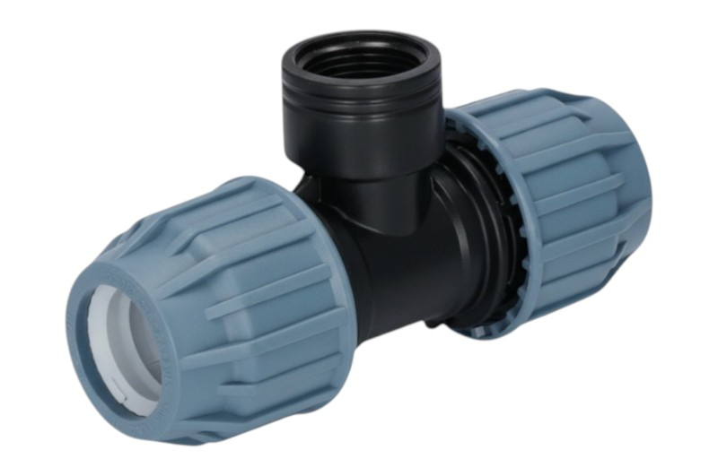 PP T-Stück mit Innengewinde - PP Klemmverbinder mit blauer Überwurfmutter