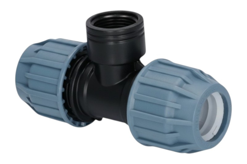 PP T-Stück mit Innengewinde - PP Klemmverbinder mit blauer Überwurfmutter