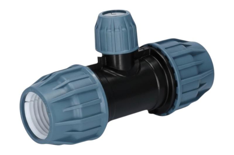 PE T-Stück reduziert - PP Klemmverbinder mit blauer Überwurfmutter