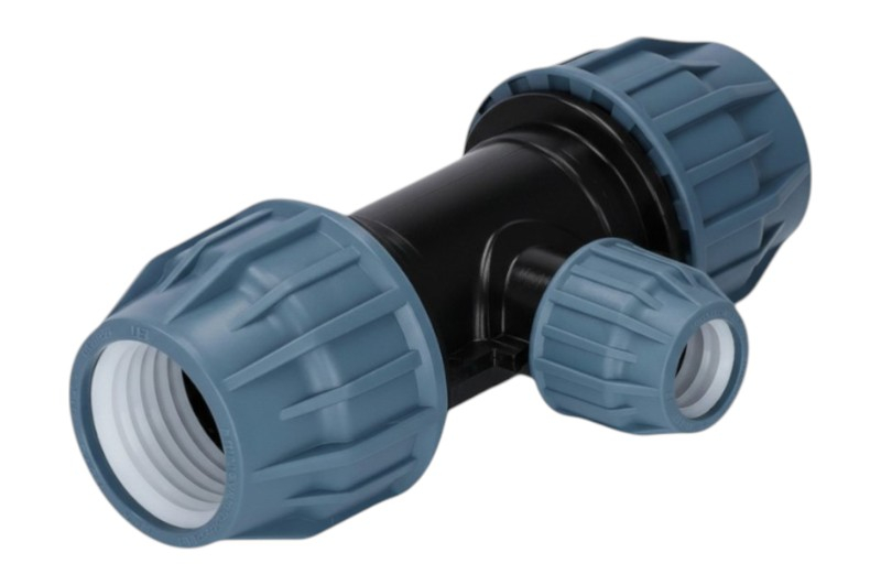 PE T-Stück reduziert - PP Klemmverbinder mit blauer Überwurfmutter